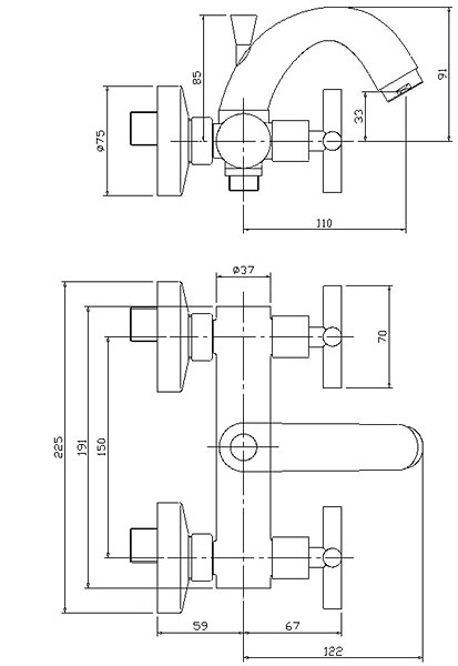 Tap AQUALINE XENIA wall-mounted bath tub mixer, chrome 1109-10 Technical draft