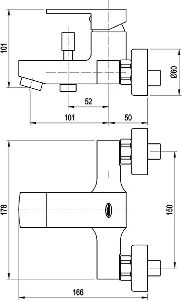 Tap AQUALINE CANTINO wall-mounted bath mixer, chrome 1126-10 Technical draft