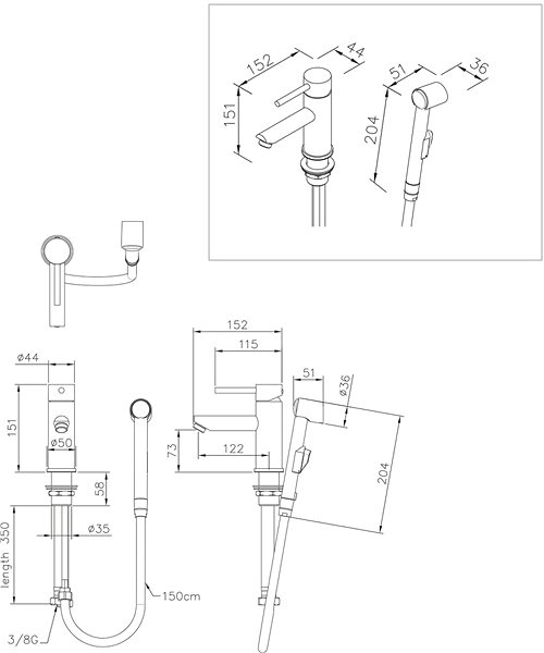 Vodovodná batéria SAPHO RHAPSODY stojančeková umývadlová batéria s bidetovou sprchou, chróm 1209-09 Technický nákres