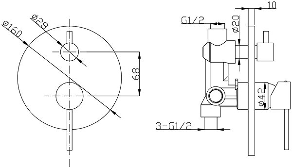 Tap SAPHO RHAPSODY Concealed Shower Mixer, 2 Outlets, Rotary Switch, Chrome 5583Q Technical draft