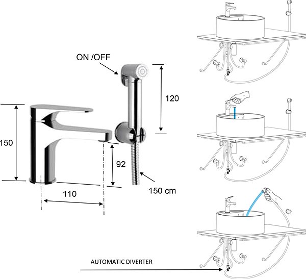 Tap SAPHO CORNELI pedestal basin mixer with bidet shower, chrome CE48 Technical draft