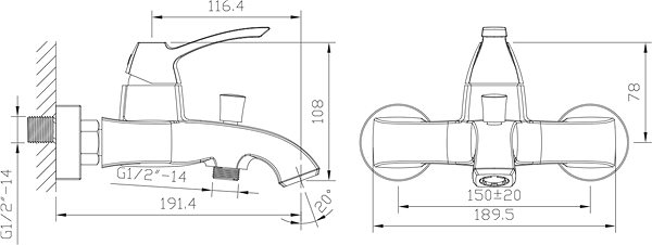 Tap SAPHO DREAMART wall-mounted bath mixer, chrome DA010 Technical draft