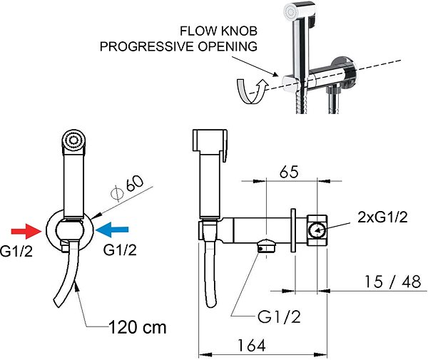 Tap SAPHO Soaking mixer with bidet shower, round, progressive cartridge, chrome DB700 Technical draft