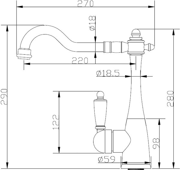 Tap SAPHO KAYRA pedestal basin mixer, bronze K1053 Technical draft