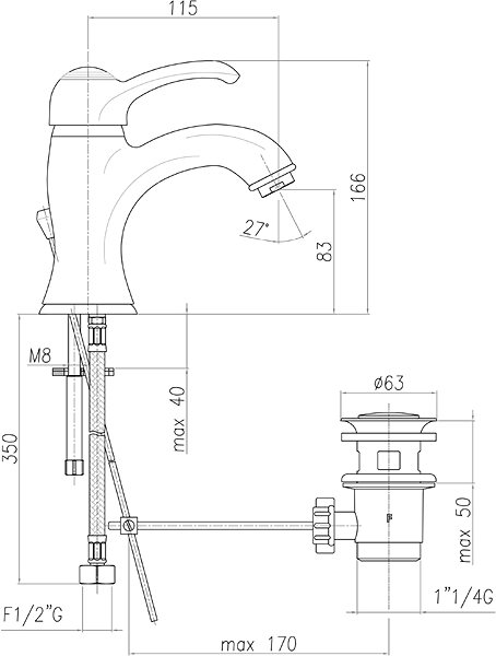 Tap SAPHO KIRKÉ pedestal basin mixer with spout, chrome KI02C Technical draft