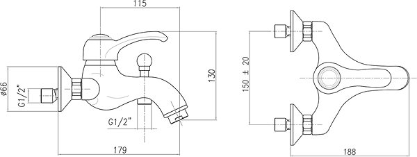 Tap SAPHO KIRKÉ wall-mounted bath mixer, chrome KI10C Technical draft