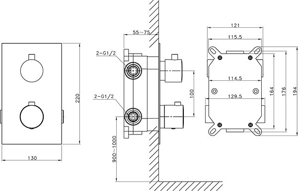 Tap SAPHO KIMURA concealed thermostatic shower mixer, box, 2 outlets, chrome KU382 Technical draft