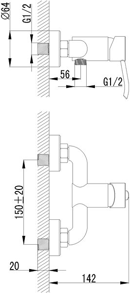 Tap SAPHO LUKA wall-mounted shower mixer, chrome LK11 Technical draft