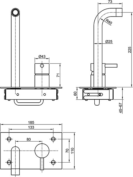 Tap SAPHO MINIMAL basin mixer, stainless steel MI004 Technical draft