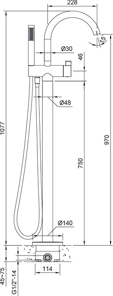 Tap SAPHO RHAPSODY bath mixer with floor connection, height 1077mm, chrome R5018 Technical draft