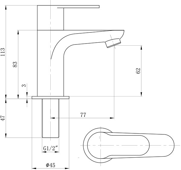 Tap SAPHO SMALL pedestal washbasin valve, 113 mm, chrome SM23 Technical draft