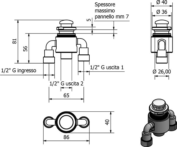 SAPHO Bath Tap Diverter for bath rim mounting, chrome TDT Technical Drawing