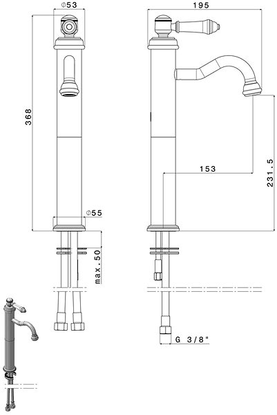Tap SAPHO VIENNA high basin mixer without spout, chrome VO006 Technical draft