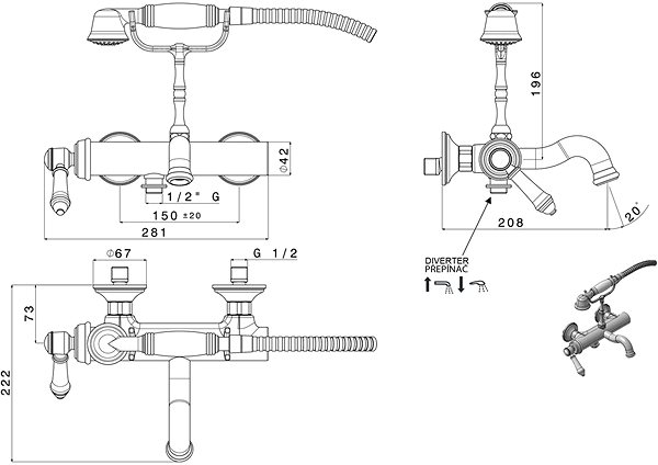 Tap SAPHO VIENNA wall-mounted bath mixer complete, chrome VO010 Technical draft
