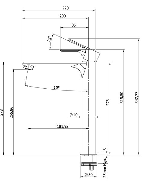 Tap SAPHO PAX pedestal basin mixer, tall without spout, extended spout, chrome XA07 Technical draft