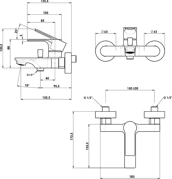 Tap SAPHO PAX wall-mounted bath mixer, chrome XA10 Technical draft