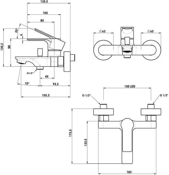 Tap SAPHO PAX wall-mounted bath mixer, black matt XA10/15 Technical draft