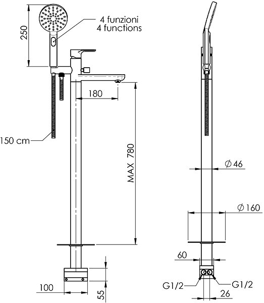 Tap SAPHO PAX bath mixer with floor connection, chrome XA21 Technical draft