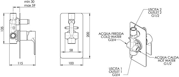 Tap SAPHO PAX concealed shower mixer, 2 outlets, chrome XA42 Technical draft