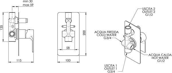Tap SAPHO PAX concealed shower mixer, 2 outlets, mat black XA42/15 Technical draft