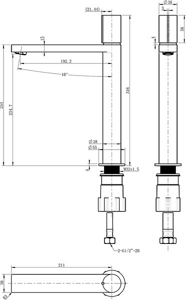 Tap SAPHO KAISA high basin mixer without spout, 235 mm, chrome ZT009 Technical draft