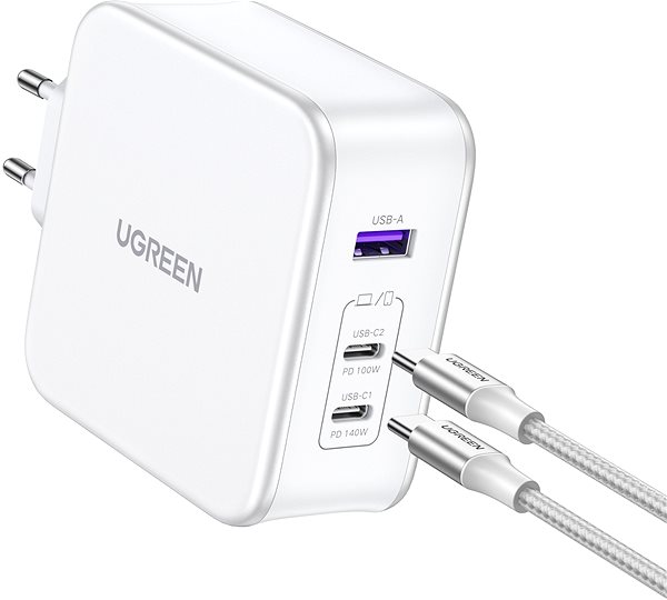 Nabíjačka do siete Ugreen USB-A+2*USB-C 140W GaN Tech Fast Charger with C to C Cable 2M EU White ...