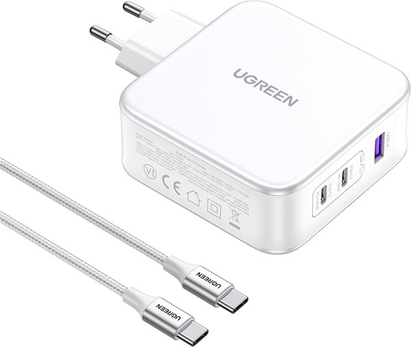 Töltő adapter Ugreen USB-A + 2× USB-C 140W GaN Tech Fast Charger with C to C Cable, EU, 2 m, fehér ...