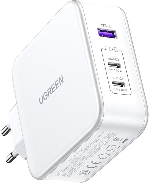 Nabíjačka do siete Ugreen USB-A+2*USB-C 140W GaN Tech Fast Charger with C to C Cable 2M EU White ...