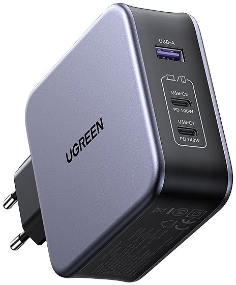 Töltő adapter Ugreen USB-A + 2× USB-C 140W GaN Tech Fast Charger with C to C Cable, EU, 2 m, fekete ...