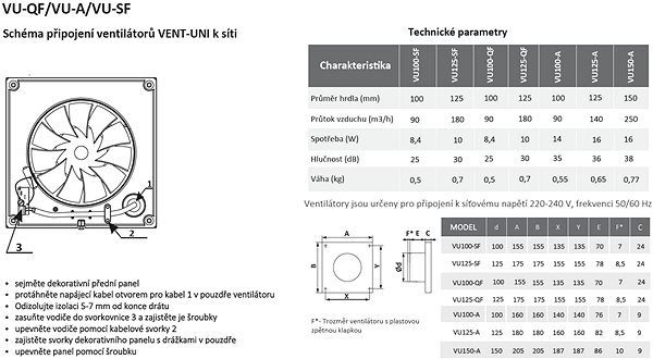Bathroom fan Fan Vent uni VU-125-QF-C-T01 - silent with return damper, time switch, light sensor .