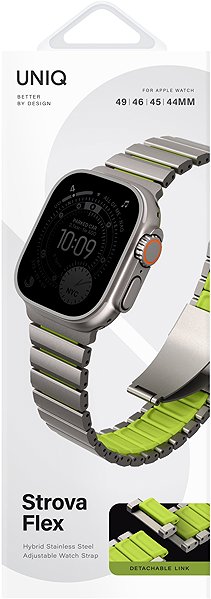 Armband UNIQ Strova Flex für Apple Watch 49 / 46 / 45 / 44 mm, Titanium silver / Lime green ...