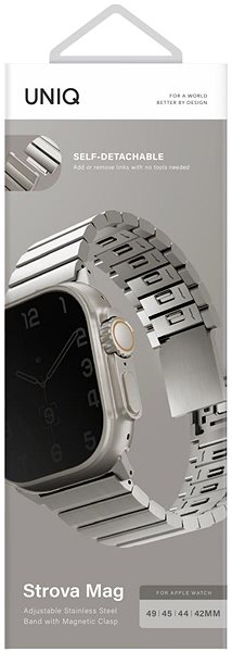 Remienok na hodinky Uniq Strova Mag článkový oceľový na Apple Watch 49/45/44/42mm, Titanium (Silver) ...