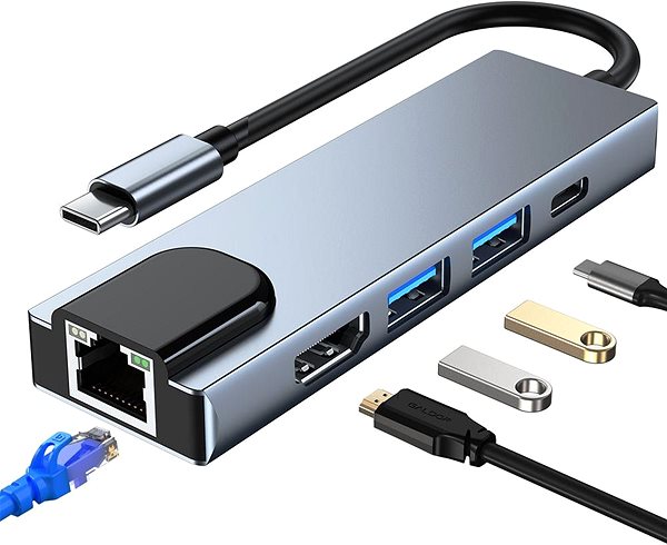 Replikátor portov Tech-Protect V3 HUB adaptér 2 × USB / USB-C / HDMI / RJ45, sivý ...