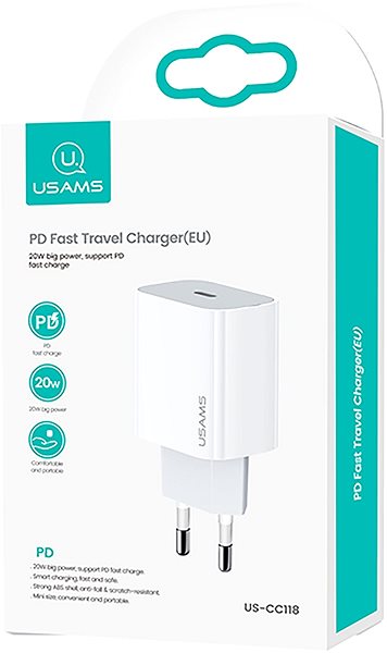 Netzladegerät USAMS US-CC118 T34 PD Fast Travel Charger 20W white Verpackung/Box