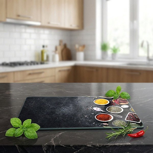 Vágódeszka KESPER multifunkciós üveg vágódeszka Fűszerek 29,5×19×0,7 cm Lifestyle