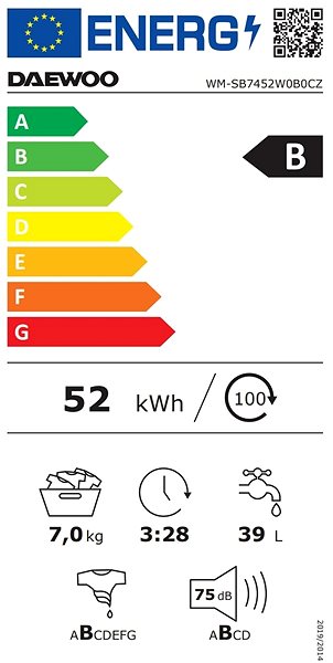 Washing Machine Daewoo WM-SB7452W0B0CZ Narrow washing machine, 7 kg Energy label