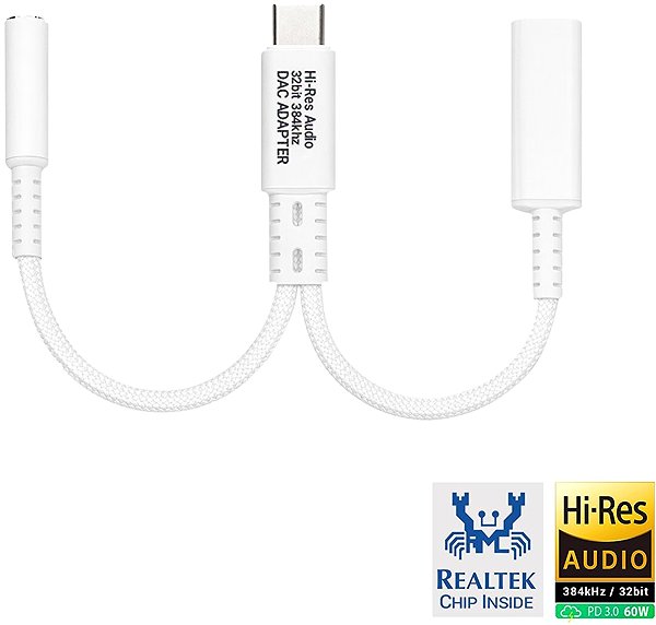 DA-Wandler Veles-X Hi-Res DAC Audio Adapter – Realtek Chip (384 kHz / 32-bit), USB-C to 3.5 mm Jack + PD White ...