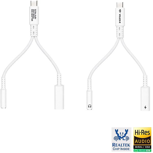 DA-Wandler Veles-X Hi-Res DAC Audio Adapter – Realtek Chip (384 kHz / 32-bit), USB-C to 3.5 mm Jack + PD White ...