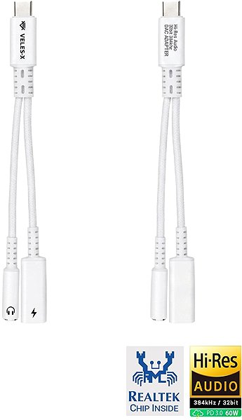 DA-Wandler Veles-X Hi-Res DAC Audio Adapter – Realtek Chip (384 kHz / 32-bit), USB-C to 3.5 mm Jack + PD White ...