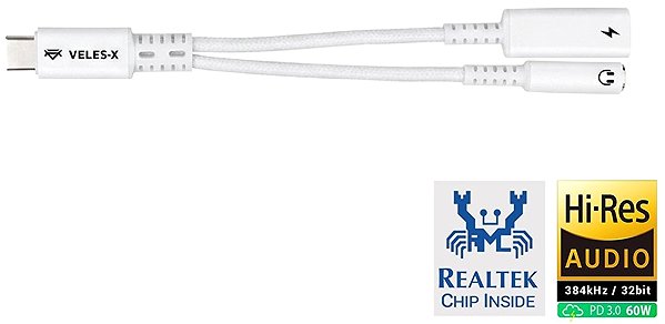 DA-Wandler Veles-X Hi-Res DAC Audio Adapter – Realtek Chip (384 kHz / 32-bit), USB-C to 3.5 mm Jack + PD White ...