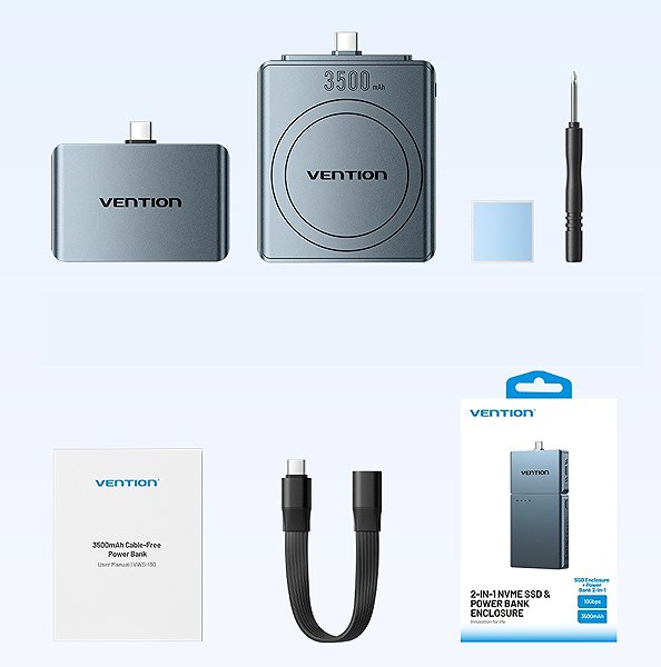 Hard Drive Enclosure Vention Cable-Free M.2 NVMe SSD Enclosure (USB 3.2 Gen 2 Type-C) + 3500mAh Power Bank (USB-C + USB-C ...