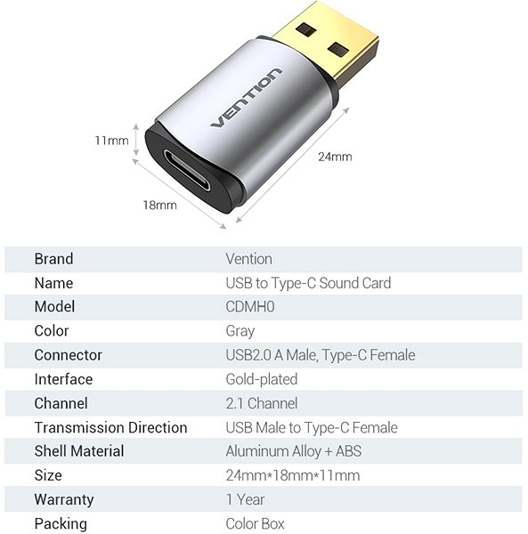 External Sound Card  Vention USB to Type-C (USB-C) Sound Card Metal Type Technical draft