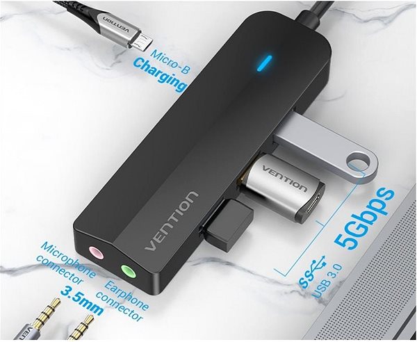 Port Replicator Vention Type-C (USB-C) to 3x USB 3.0 / Micro-B HUB with External Stereo Sound Adapter 0.15M Black AB Connectivity (ports)