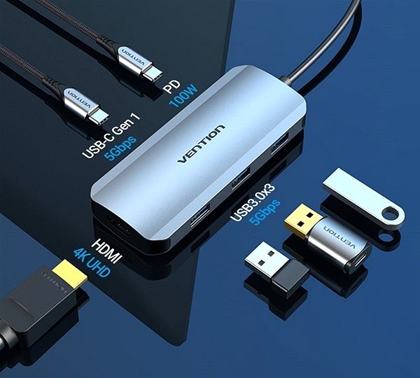Port Replicator Vention USB-C to HDMI / USB-C 3.2 Gen 1 / USB 3.0 x 3 / PD Docking Station 0.15M Grey Aluminium Connectivity (ports)