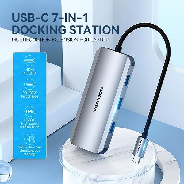 Port Replicator Vention USB-C to HDMI / 3x USB 3.0 / SD / TF / PD Docking Station Grey 0.15M Aluminium Alloy Type Features/technology