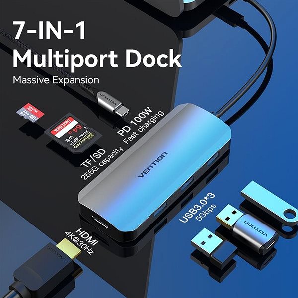 Port-Replikator Vention USB-C auf HDMI / 3 x USB 3.0 / SD / TF / PD Docking Station Gray 0.15M Aluminum Alloy Type Anschlussmöglichkeiten (Ports)