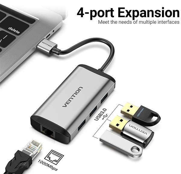 Port Replicator Vention USB 3.0 to 3x USB 3.0 + RJ-45 Gigabit Ethernet Adapter Connectivity (ports)