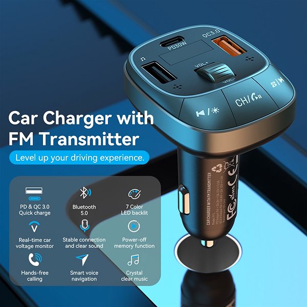 FM Transmitter Vention 3-Port USB (C + A + A) Car Charger with FM Transmitter (30W/18W/5W) Black ABS Type ...