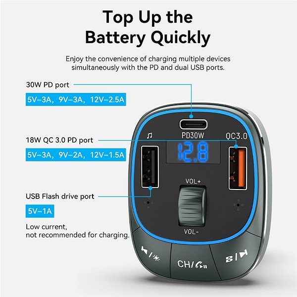 FM Transmitter Vention 3-Port USB (C + A + A) Car Charger with FM Transmitter (30W/18W/5W) Black ABS Type ...