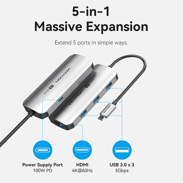 Port-Replikator Vention USB-C to HDMI/USB 3.0 x3/PD Docking Station 0.15M Gray Aluminum Alloy Type ...